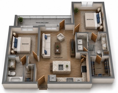 Floor plan for 2 beds, 2 baths, 995 sqft